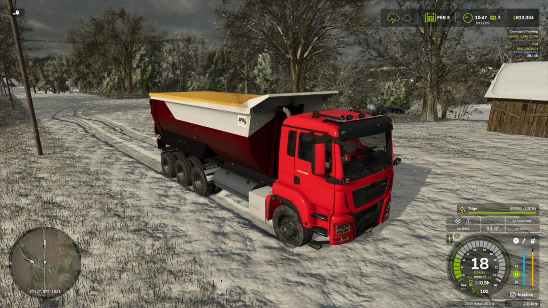 FS25 Man Dumper v1.0.0.0 mod in Farming Simulator 25 showcasing a red heavy-duty truck on a snowy road.