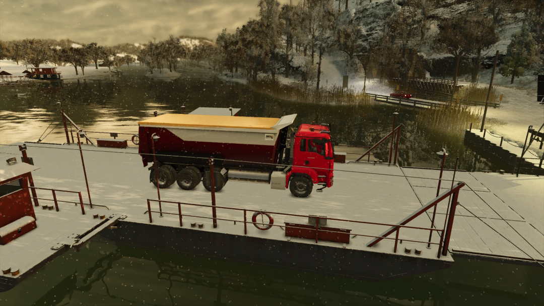 FS25 mod: Man Dumper v1.0.0.0 on a snowy ferry, scenic winter landscape in Farming Simulator 25.