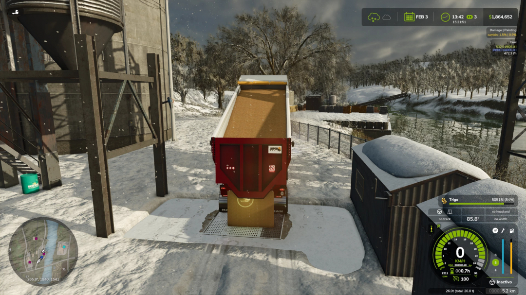 FS25 Man Dumper unloading in snowy farm scene, showing HUD interface.