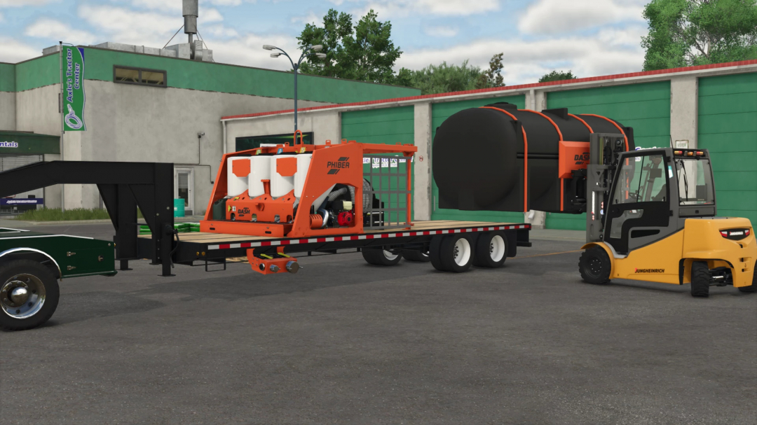 FS25 Phiber Dash v0.9.0.1 mod in Farming Simulator 25, featuring an orange equipment setup on a flatbed trailer outside a tractor center.