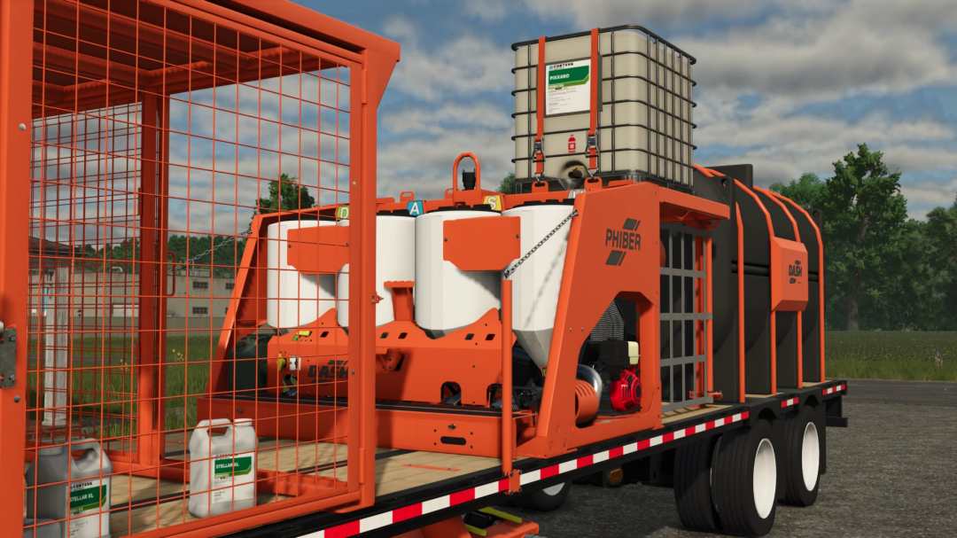 FS25 Phiber Dash v0.9.0.1 mod in Farming Simulator 25 featuring an orange equipment trailer with tanks.