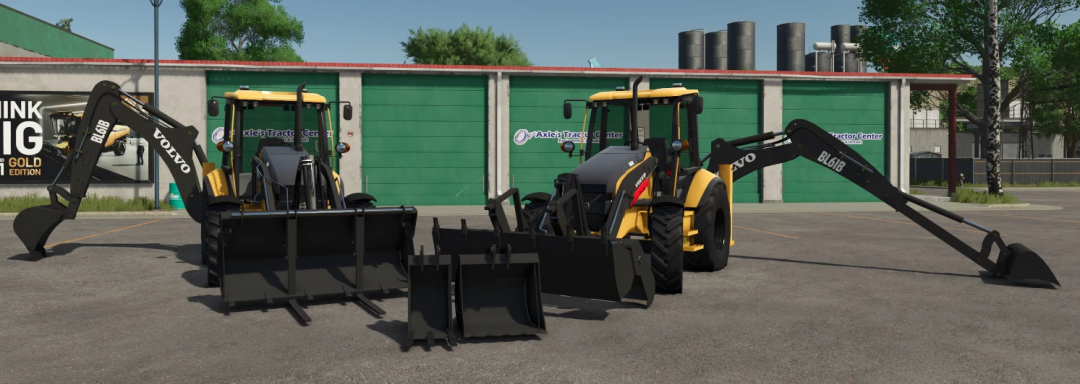 FS25 Volvo BL61 mod featuring two backhoe loaders with attachments in Farming Simulator 25.