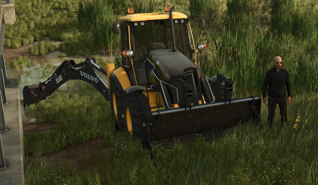 FS25 Volvo BL61 backhoe mod in a field with a character nearby, Farming Simulator 25 mod.