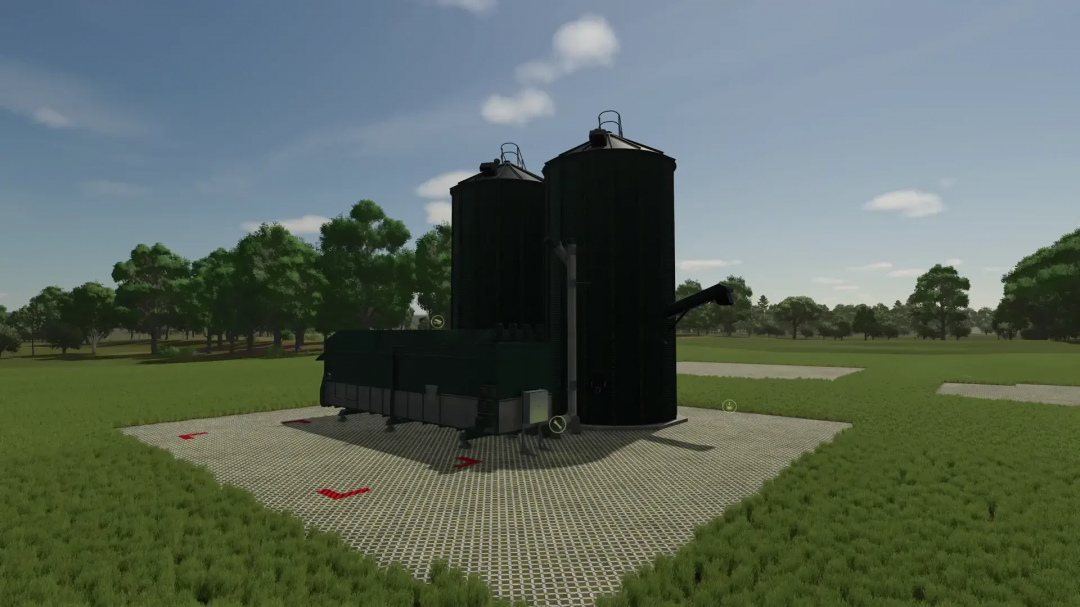 Feed mixer mod in Farming Simulator 25 with two silos in a grassy field, enhancing gameplay realism.