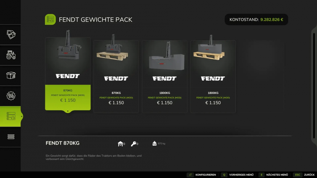 FS25 mods menu showing Fendt Weight v2.0.0.0 options, including 870KG and 1800KG weights for €1,150.