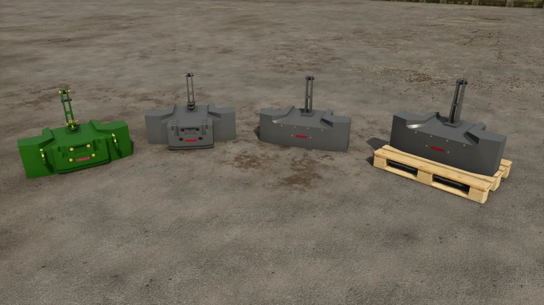 FS25 Fendt Weight v2.0.0.0 mod showcasing different tractor weights on a concrete surface.