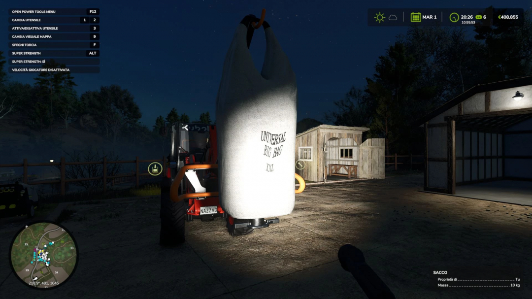 Night scene in FS25 with Fillable Big Bag v1.0.0.3 mod, featuring a large bag on a forklift outside a wooden shed.