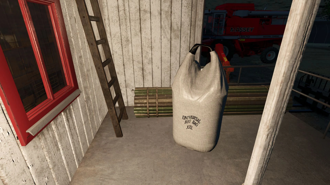 Fillable Big Bag mod v1.0.0.3 for FS25, depicting a large bag in a barn setting.