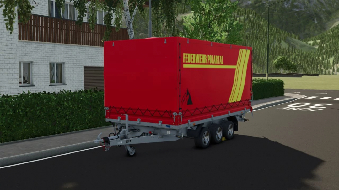 Fire department trailer mod in FS25, a bright red trailer parked on a street, version 1.0.1.0.