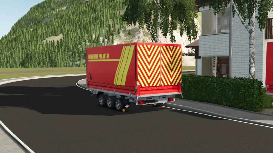 FS25 mod Fire Department Trailer v1.0.1.0, red with yellow stripes, on a road in a forested area.