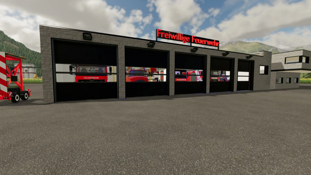 Fire station mod for FS25 with red sign and garage doors in Farming Simulator 25.