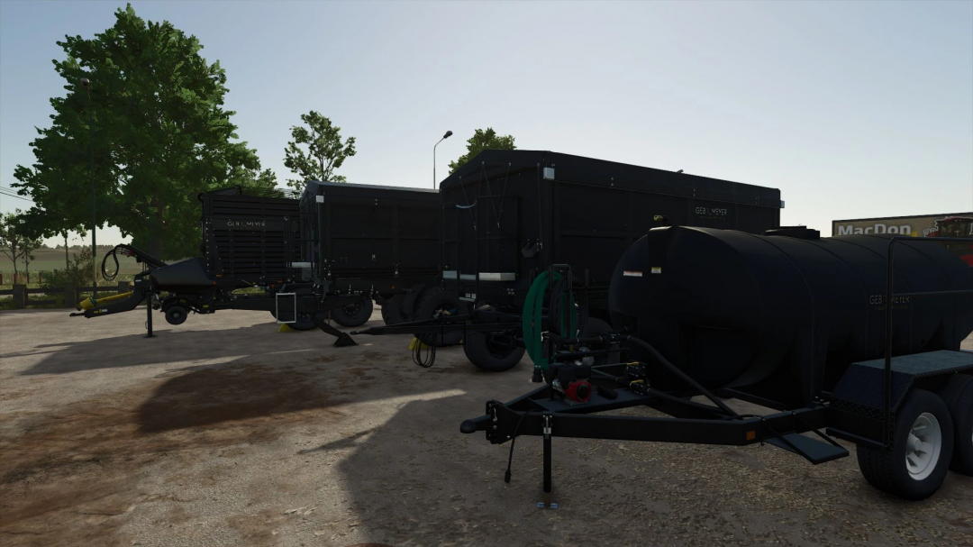 Flex trailer Gebr.Meyer v1.0.0.0 for FS25 mods, showcasing black trailers in a farm setting.