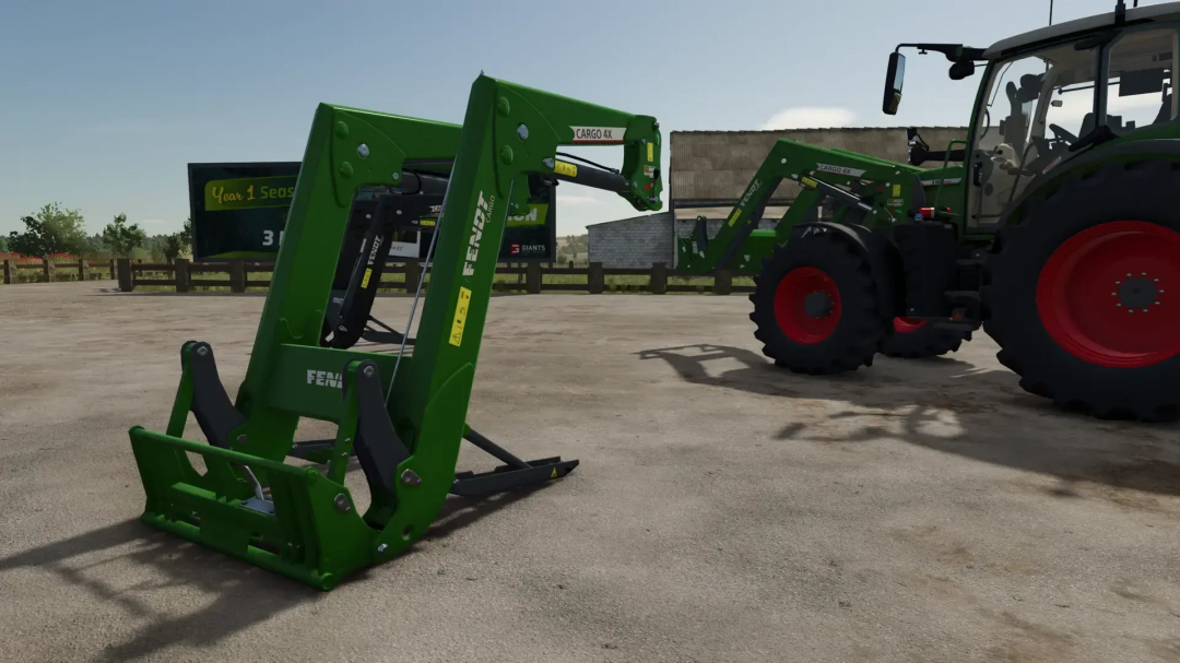 FS25 Frontloader Pack v1.0.0.0 mod featuring a green frontloader attachment and tractor in Farming Simulator 25.