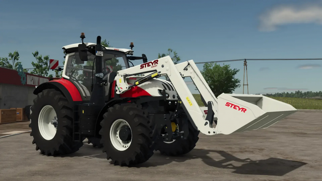 FS25 mod image of Steyr frontloader pack v1.0.0.0 tractor on a sunny farm.