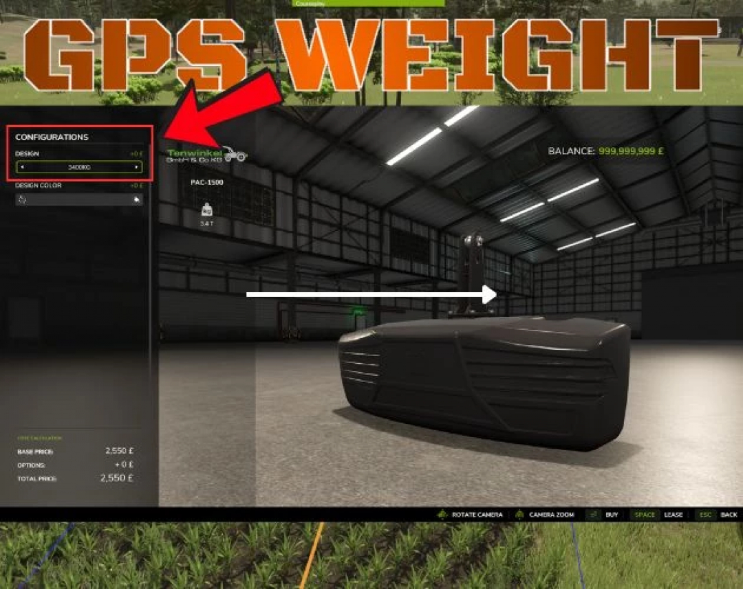 Screenshot of the GPS WEIGHT mod in Farming Simulator 25, showing configuration options and a large weight in a virtual garage.