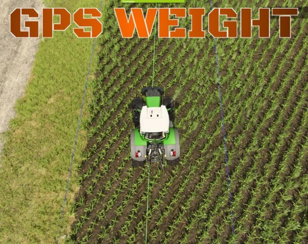 Top view of a tractor using GPS WEIGHT mod in FS25, showcasing precise farming.