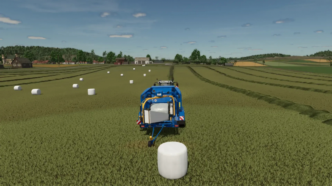 Göweil G-1 F125 Kombi mod in FS25 showcasing baler in field with hay bales.