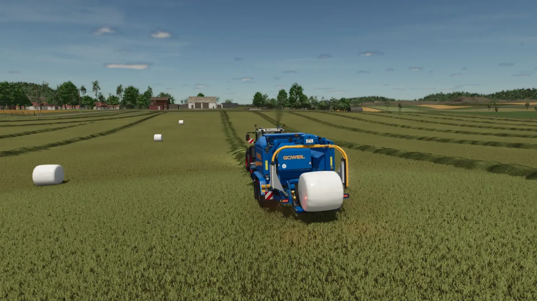 Göweil G-1 F125 Kombi mod for FS25, wrapping bales in a field.