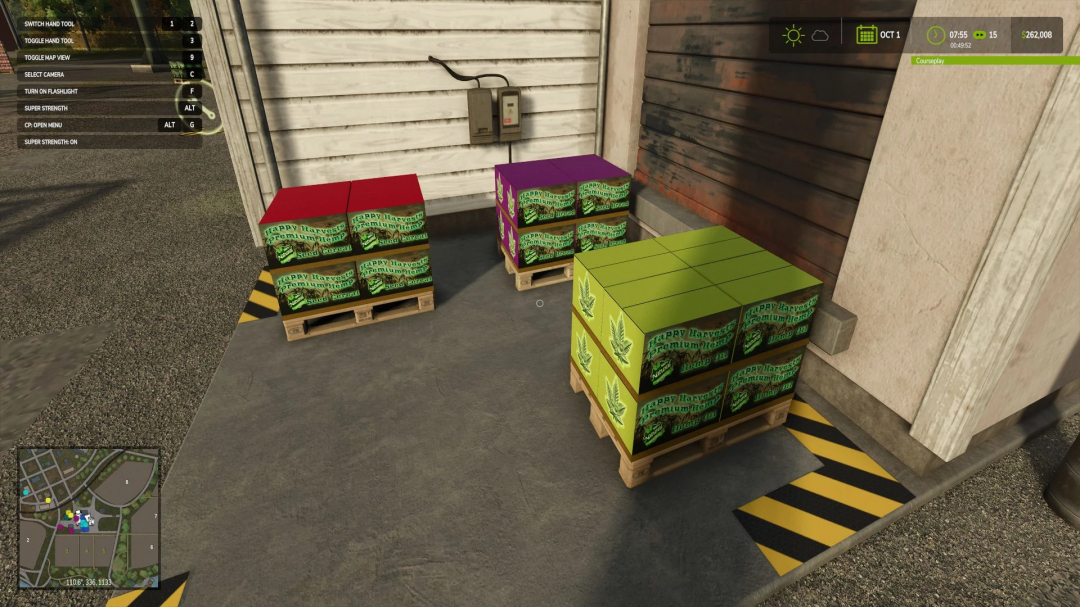 FS25 mods Hemp Production System v1.1.0.0 showing pallets of hemp on a warehouse floor.