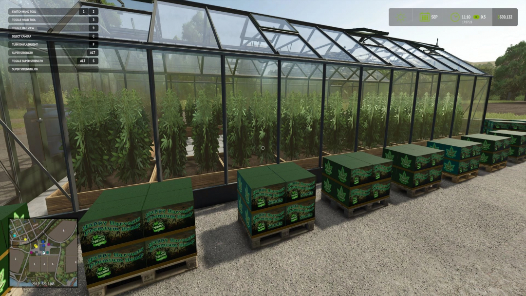 FS25 mod Hemp Production System v1.1.0.0 showing greenhouse with hemp plants and packaged seeds.