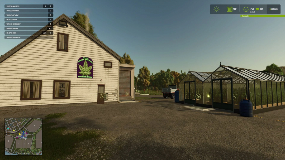 FS25 mods Hemp Production System v1.2.0.0 showing a building and greenhouse within the game environment.