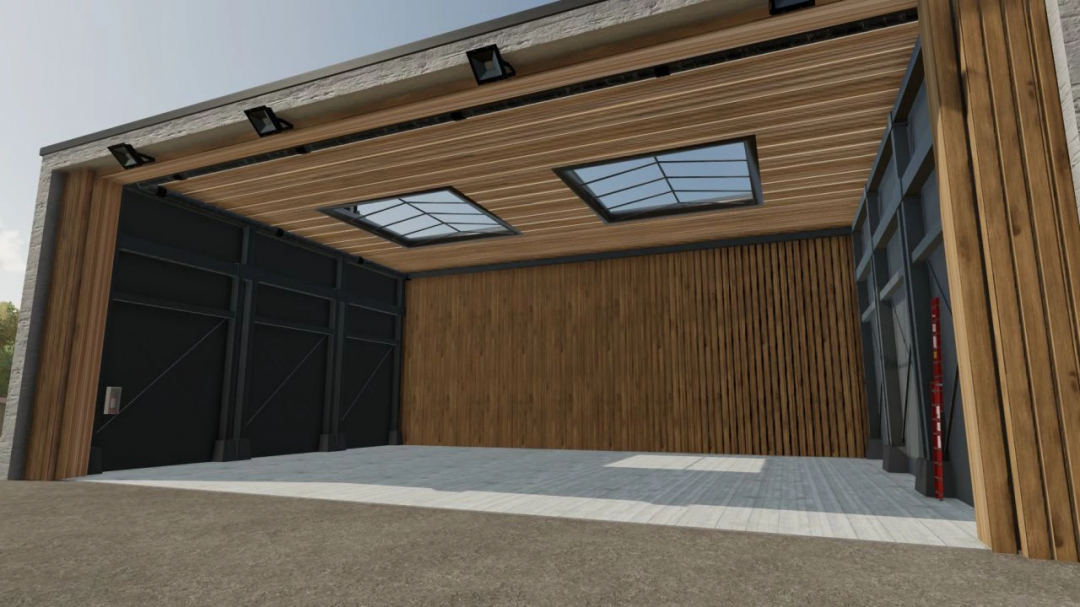 Interior view of Holzwurm Manni Hall mod for FS25, featuring wooden walls and skylights. Farming Simulator 25 mods.