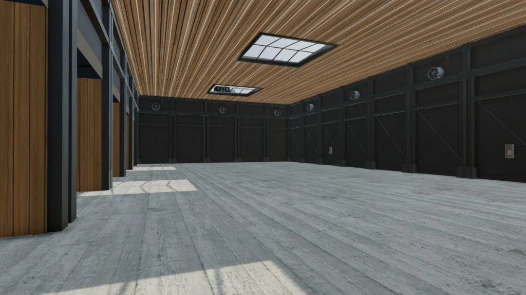 Interior view of Holzwurm Manni Hall mod in FS25, featuring modern design with wooden ceiling and concrete floor.