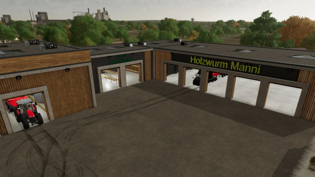 FS25 mod Holzwurm Manni Hall v1.0.0.0 featuring a modern vehicle depot with tractors inside, surrounded by trees.