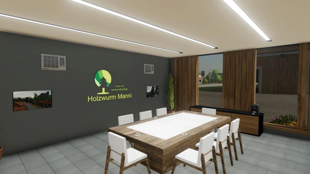 Holzwurm Manni office interior in FS25 mod, featuring a modern conference room with wooden furniture and branded decor.