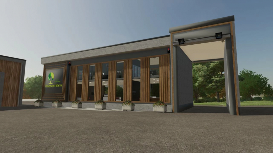 Holzwurm Manni office mod for FS25, featuring a modern wood-accented building exterior.