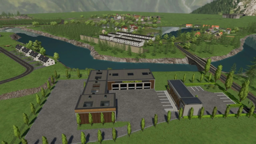 Aerial view of Holzwurm Manni office mod in FS25, featuring a building complex beside a river, surrounded by lush greenery.