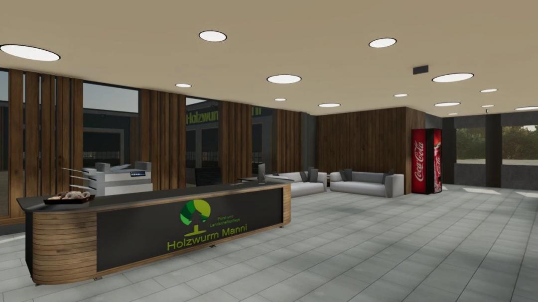 FS25 mod Holzwurm Manni office v1.0.0.0 showing modern interior with reception desk, sofas, and vending machine.