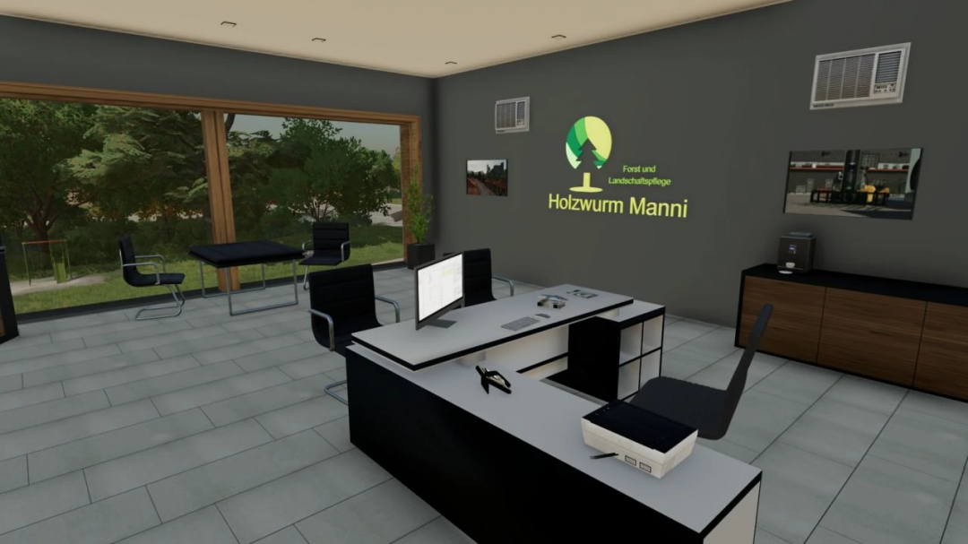 Modern office space from FS25 mod Holzwurm Manni, featuring desks, chairs, and forest view.