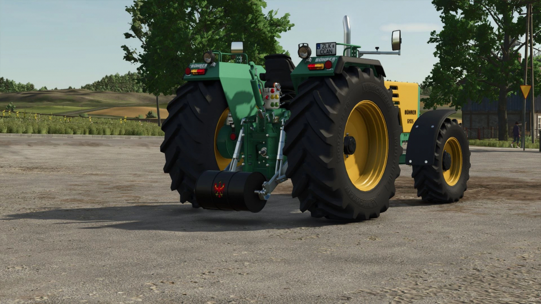 FS25 mod: Rear view of a green tractor with a homemade barrel weight attachment.