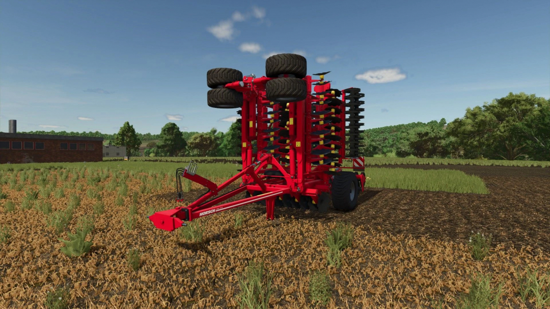 FS25 mod Horsch Joker 12 RT v1.0.0.0, a red agricultural tool in a field setting.