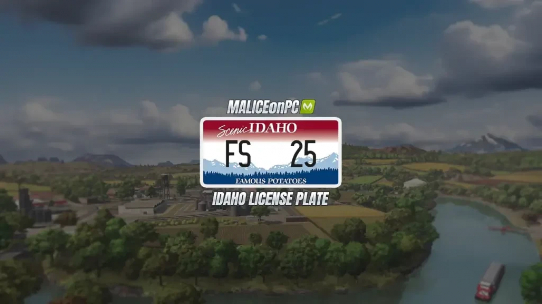 FS25 mod showing an Idaho license plate in Farming Simulator 25 with scenic landscape. Idaho License Plate v1.0.0.0.