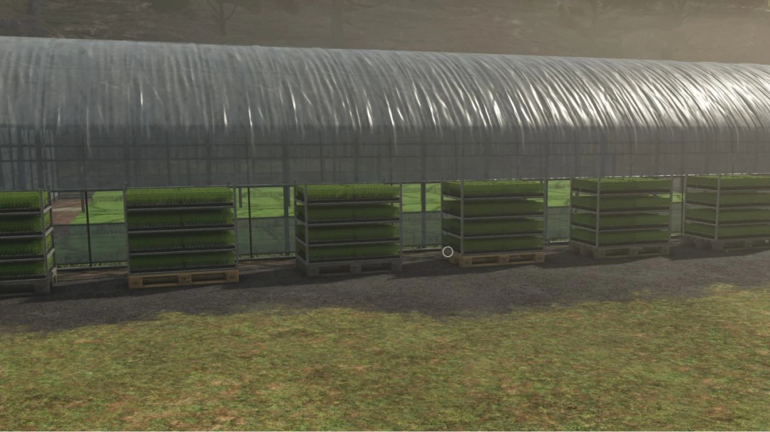 FS25 mod showcasing improved rice greenhouse v1.0.0.0 with stacked pallets in Farming Simulator 25.