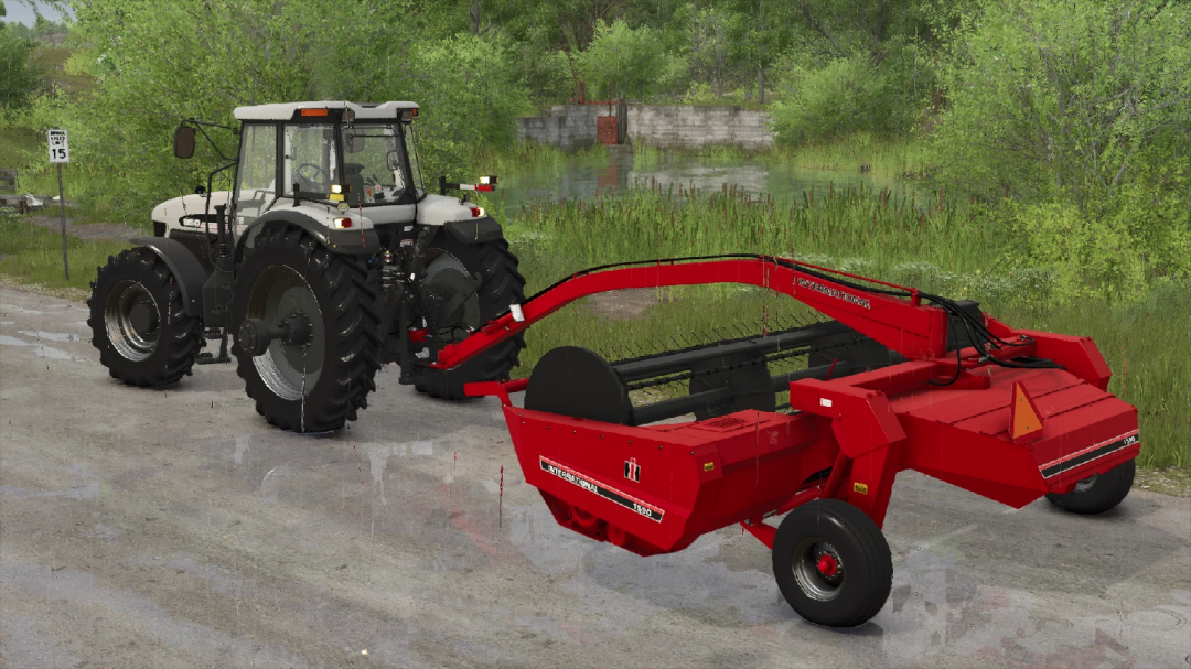 FS25 International 1490 & 1590 Mower Conditioners mod featuring a tractor and red mower in a lush farm setting.