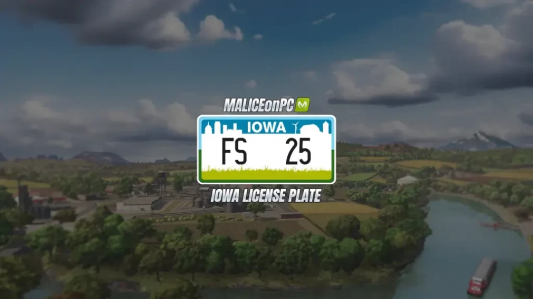 Iowa License Plate v1.0.0.0 mod for FS25, showcasing custom vehicle plates in a scenic farming landscape from Farming Simulator 25.