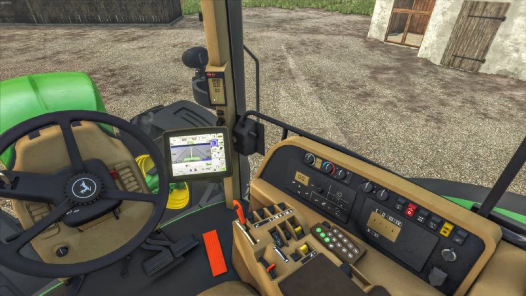 Interior of John Deere 7020 in FS25 mod showing controls and dashboard. Farming Simulator 25 mods.