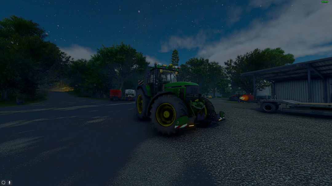 John Deere 7810 tractor at night in FS25 mods, showcasing Farming Simulator 25's realistic graphics.