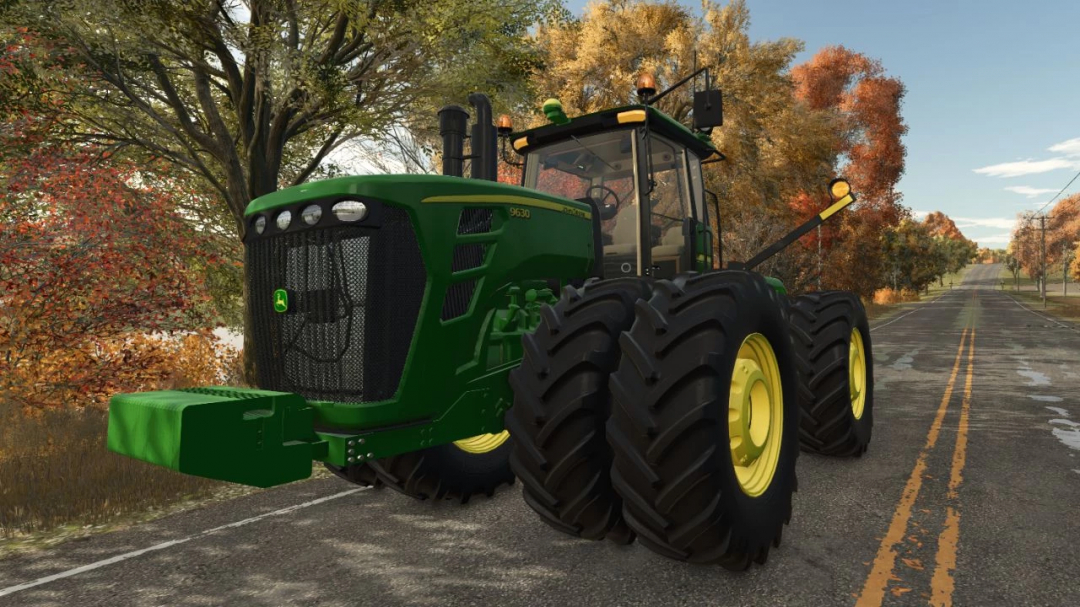 John Deere 9630 mod for FS25 on a road in autumn, showcasing Farming Simulator 25 mods.