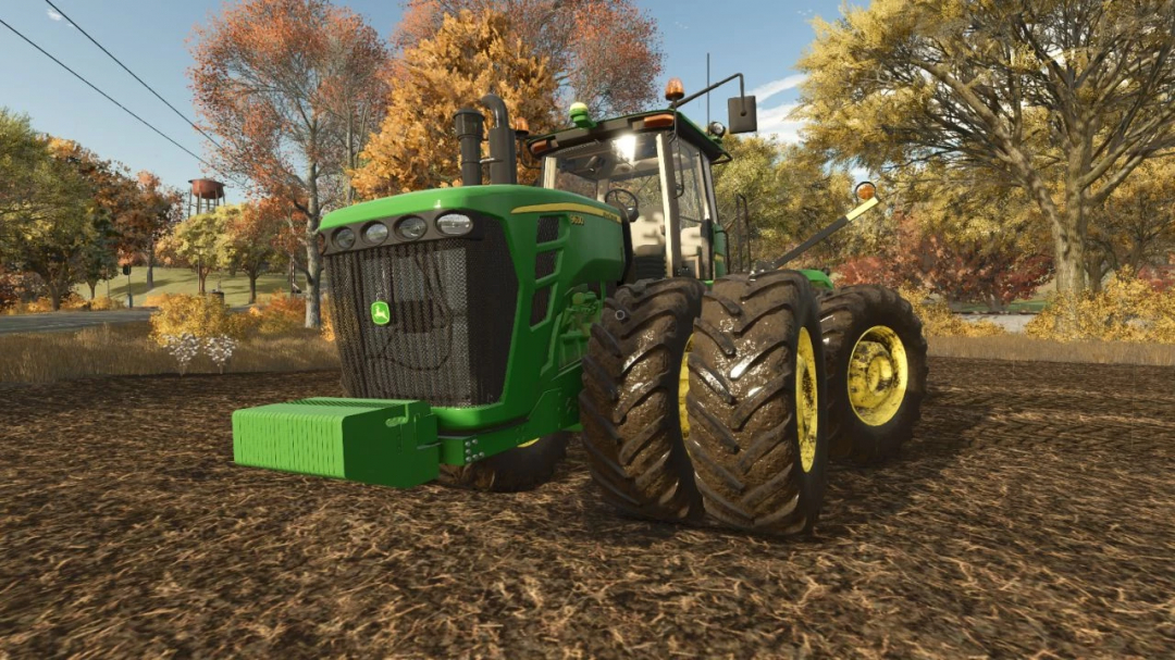 John Deere 9620 tractor mod in FS25, autumn farming scene.