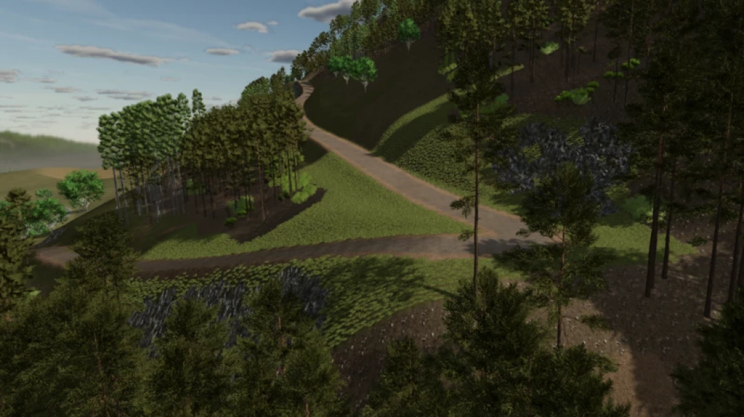 Scenic mountain road with dense forest in FS25 Kaprun mod version 2.1.2.0.