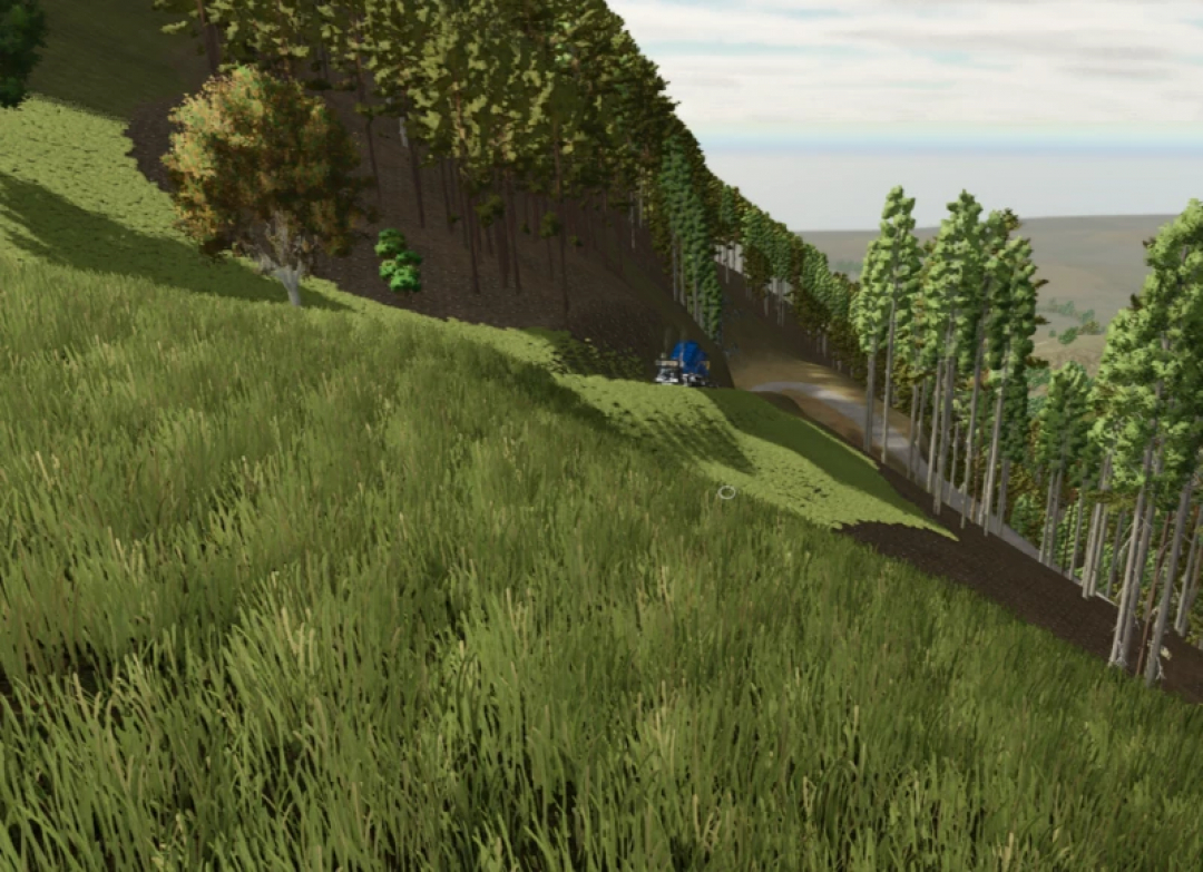 FS25 Kaprun mod: lush green hillside with tractor in forest path, enhancing Farming Simulator 25 gameplay.