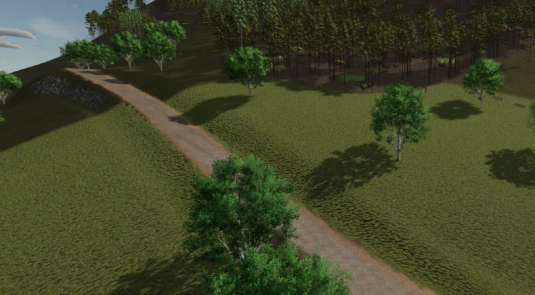 A scenic landscape in Kaprun v2.1.2.0 mod for FS25, featuring a dirt path through lush green fields and trees.