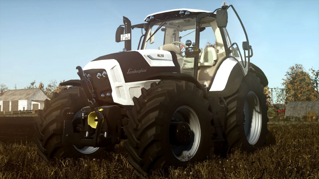 Lamborghini R6 250 mod for Farming Simulator 25, showcasing a powerful tractor on a farm field. FS25 mods enhance gameplay.