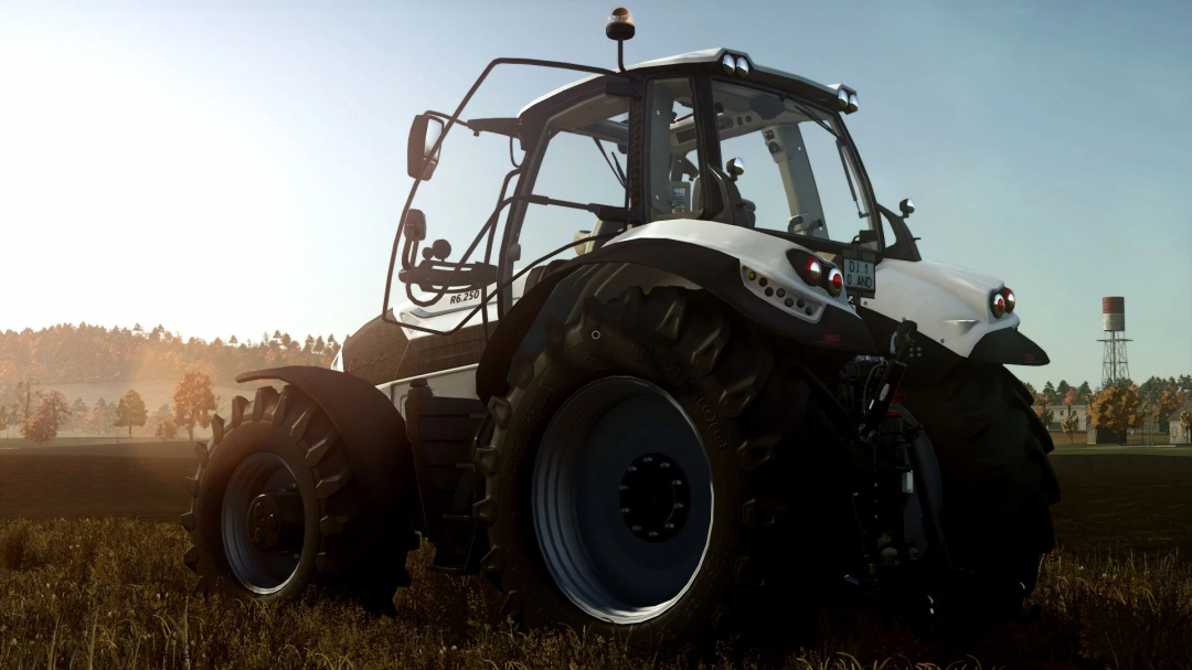 Lamborghini R6 250 tractor mod in FS25, depicted in a scenic field at sunset.