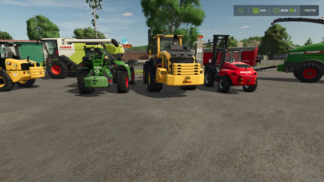 Image of various farming vehicles from FS25 Lizard Weight Set mod displayed in a game setting.