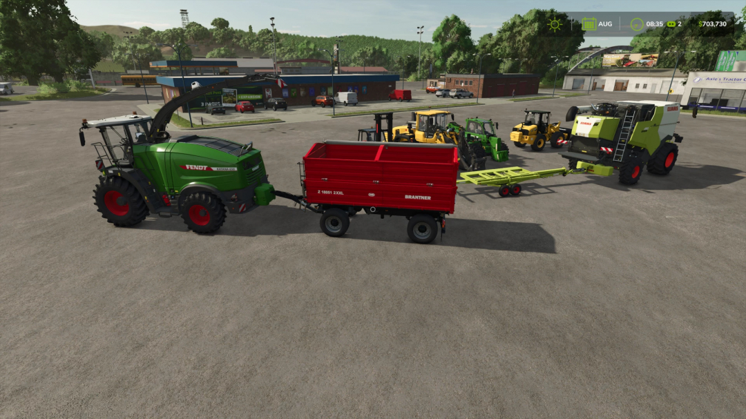 FS25 mods showcase a Fendt Katana 650 with Brantner trailer, forklifts, and Claas harvester in a parking lot.